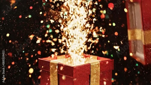 A magical gift box opens to reveal a burst of sparkling light and glitter, creating a festive and enchanting atmosphere.