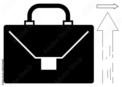 Black briefcase with upward arrow and motion lines symbolizing business growth, career progress, success. Ideal for career planning, entrepreneurship, professional goals, innovation, ambition