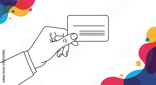 Outline drawing of a hand holding a rectangular card with lines for text, framed by vibrant abstract elements.