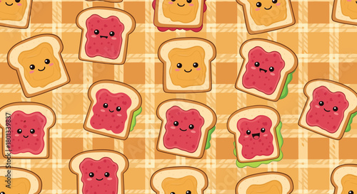 A cute seamless pattern of happy cartoon toast slices with peanut butter, strawberry jam, and lettuce, on a warm orange plaid background.