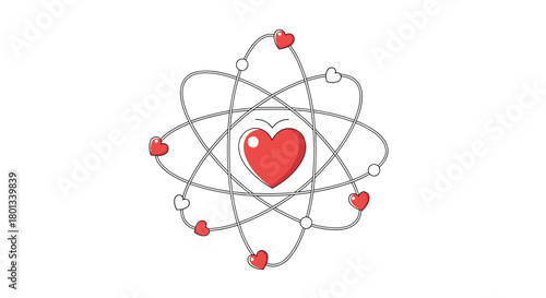 A stylized atom design featuring a prominent red heart at its core, with smaller hearts and circles orbiting, representing the fundamental nature of love and connection.