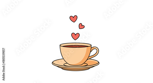 A simple illustration of a warm beverage in a cup on a saucer, with small red hearts floating above, symbolizing love or affection.