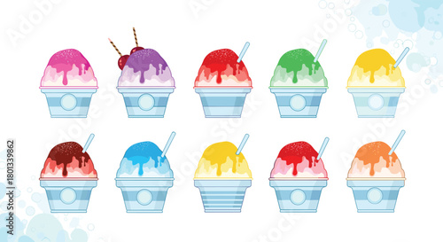 A vibrant collection of ten pixel art shaved ice desserts with various fruit syrups and toppings, served in striped cups.