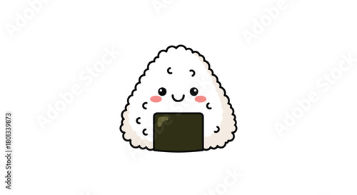 A delightful and cute cartoon onigiri with a happy smiling face and a seaweed wrap, perfect for illustrating Asian cuisine and snacks.
