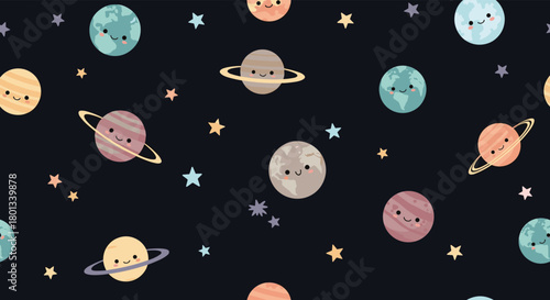 Whimsical seamless pattern of kawaii planets with happy faces and sparkling stars, creating a charming cosmic design for kids' decor.