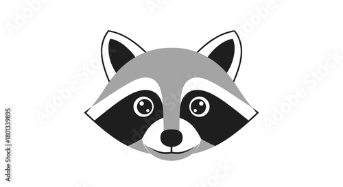 Simple black and white illustration of a cute raccoon face with its distinctive mask and pointy ears looking forward.