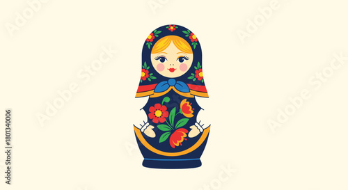 Traditional Russian Matryoshka doll illustration featuring a vibrant floral design, a charming face, and its iconic two-part structure.