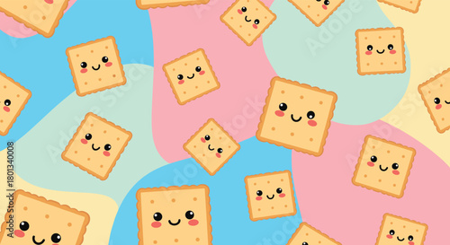 A delightful and whimsical seamless pattern featuring cute, smiling cartoon crackers scattered across a soft pastel abstract background.