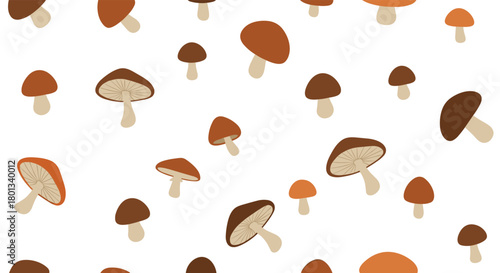 A seamless pattern featuring charming, hand-drawn mushrooms in various brown and orange shades, scattered randomly on a clean white background.