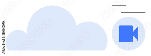 Large cloud shape with a video camera icon, two horizontal lines suggesting connectivity. Ideal for cloud computing, video streaming, online sharing, data storage, teamwork, media content, simple