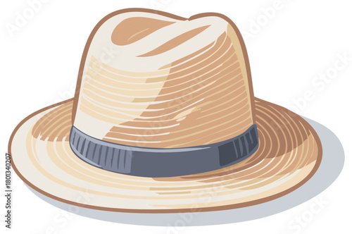 Stylish woven straw fedora hat with dark band, summer fashion accessory illustration