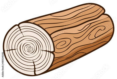 Wooden log illustration with cross section showing tree growth rings and wood grain