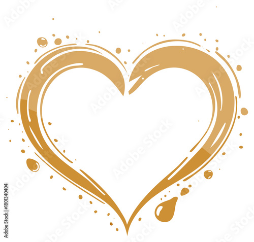 Splashy golden heart shape formed by flowing liquid with droplets