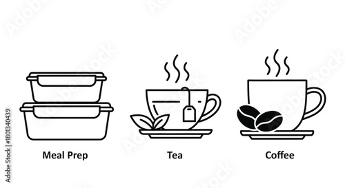 Meal prep coffee and tea vector illustration black and white