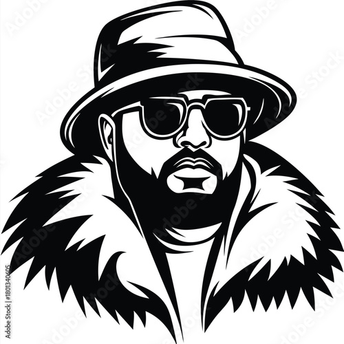 Bearded African American man with sunglasses wearing hat and furry coat looks stoic