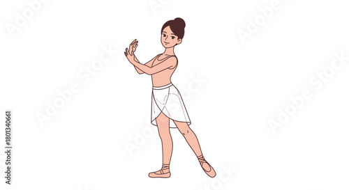 Ballet dancer in graceful pose wearing a light pink leotard and white wrap skirt, pointe shoes