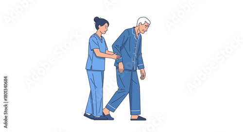 Aiding Senior Gentleman Nurse Assisting Elderly Patient to Walk