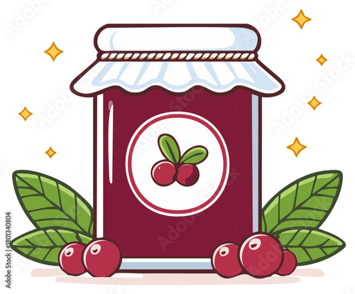 Delicious Cranberry Jam Preserve in Jar with Fresh Berries and Leaves Cute Cartoon