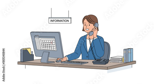 Friendly female receptionist providing professional customer service and essential information, communicating effectively with clients in a modern office environment while managing tasks on a computer