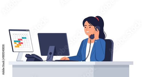 Businesswoman on the Phone at Her Desk, Working with Computer and Calendar for Scheduling