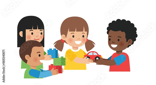 Multicultural Children Playing Together with Toys Building Blocks and a Car
