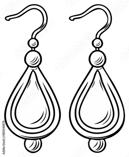 Line art illustration of two elegant teardrop earrings in black and white
