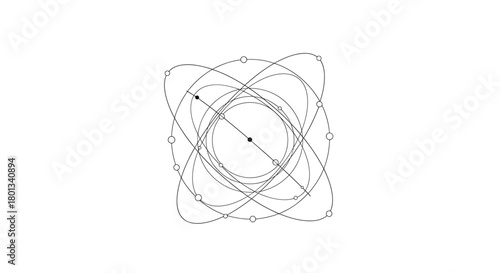 Abstract geometric representation of atomic structure and orbital paths with central nucleus and orbiting electrons