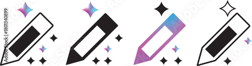 AI writing or smart edit icon set. editing pen sparkle stars symbol. pencil compose symbol with sparkle. intelligent content creation, seo, writing