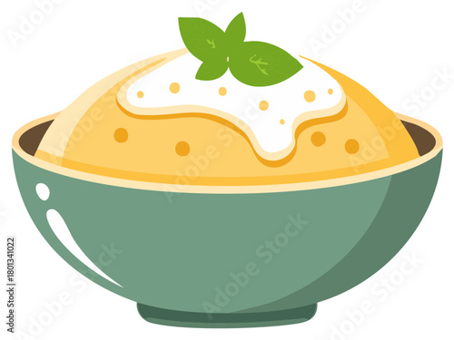Creamy Polenta in a Bowl with Sauce and Leaf Garnishing, Simple Vector Illustration