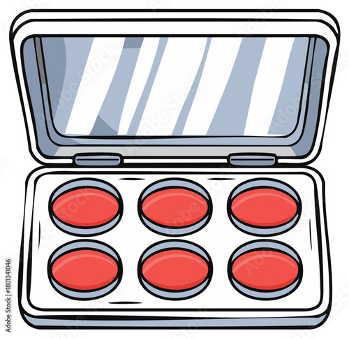 Open makeup palette with six circular red blush pans and a reflective mirror