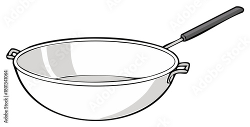 Illustration of Metallic Wok with Black Handle for Asian Cuisine Cooking