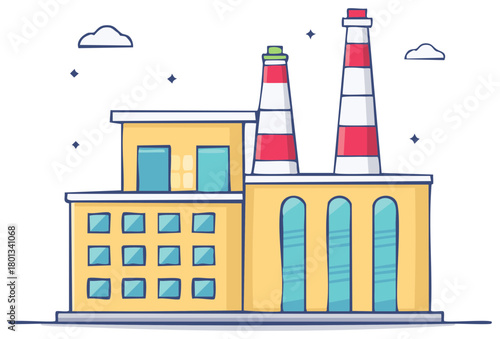 Industrial manufacturing plant with tall striped chimneys and modern architecture illustration