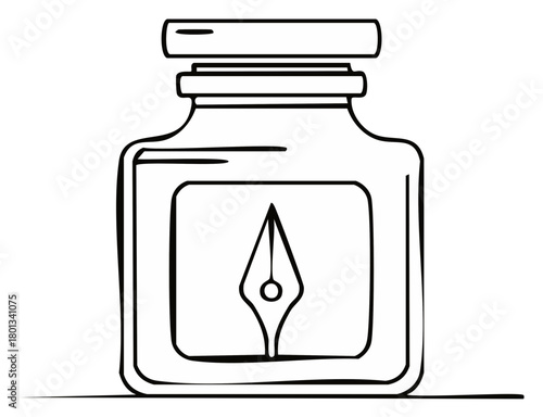 Line art illustration of a classic inkwell with a nib visible inside and a cap on top