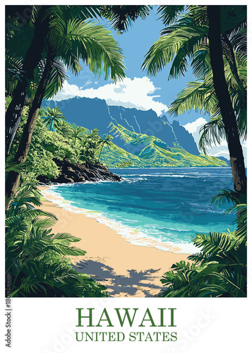 Hawaii tropical beach vector illustration of white sand, turquoise water, and lush jungle foliage, framed by palm trees, with rugged mountains visible in the distance.