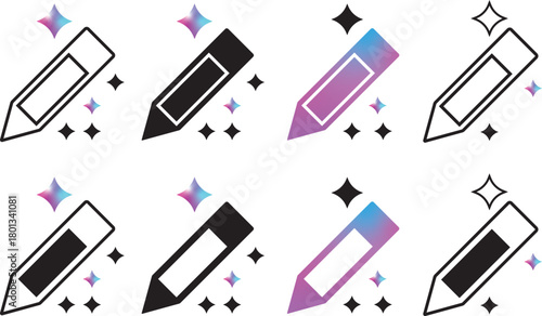 AI writing or smart edit icon set. editing pen sparkle stars symbol. pencil compose symbol with sparkle. intelligent content creation, seo, writing