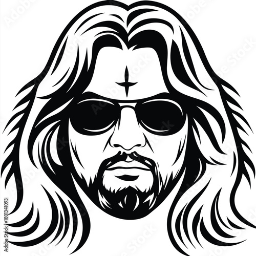 A stylized face with long hair and a cross on the forehead looks ahead