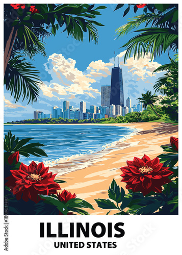 Vector illustration of Chicago, Illinois, presenting a surreal scene where the urban skyline and famous skyscraper overlook a tropical beach with palm trees and vibrant red flowers.