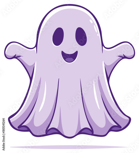 Friendly cartoon ghost character with smiling face and waving arms