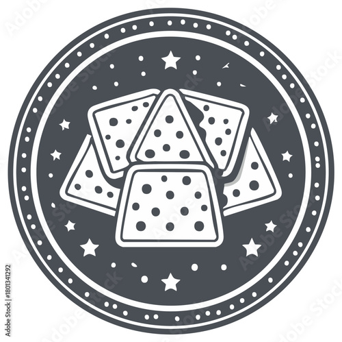 Snack food appetizer icon with cheese and cracker pieces in a decorative circle adorned with stars