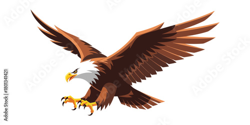 A powerful American bald eagle is captured mid-flight, with its majestic wings spread wide and sharp talons extended, depicted as a clean vector graphic