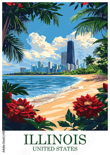 Vector illustration of Chicago, Illinois, presenting a surreal scene where the urban skyline and famous skyscraper overlook a tropical beach with palm trees and vibrant red flowers.