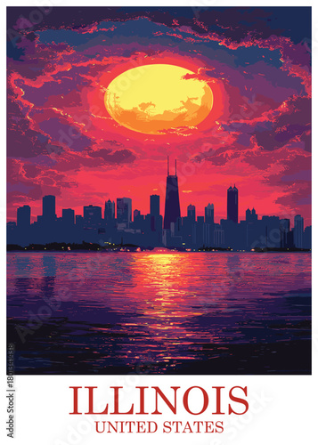 Vector illustration of the Chicago, Illinois skyline silhouette reflected in Lake Michigan water under a dramatic, fiery red and purple sky with a massive glowing sun.