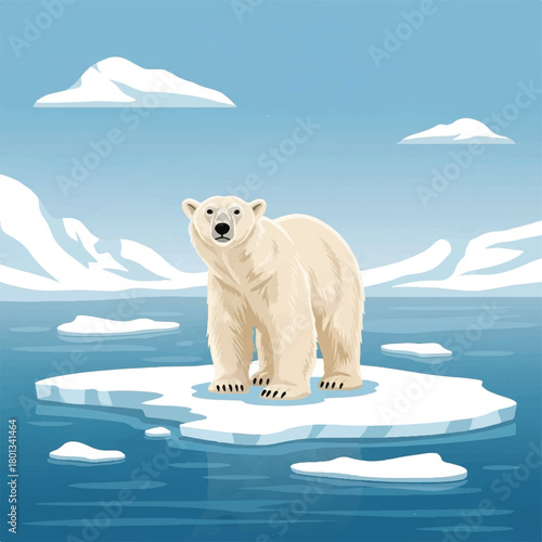 Polar Bear Standing Alone on Ice Floe Under Clear Arctic Sky.