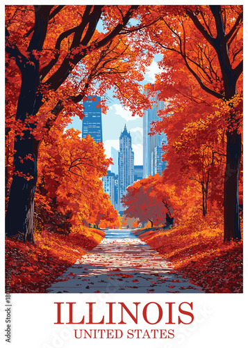 Vector illustration of an autumn park path framed by vibrant orange trees leading toward the towering skyscrapers of downtown Chicago, Illinois, United States.