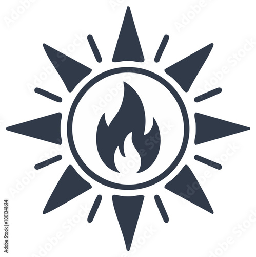 Minimalist sun and fire symbol with radiating rays for energy warmth and direction