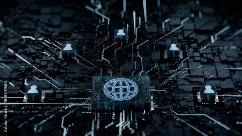 Internet Technology Concept with web symbol on a Microchip. White Neon Data flows between Users and the CPU across a Futuristic Motherboard. Seamless Loop.