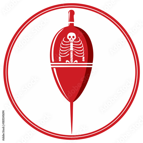 Red fishing float with skeleton inside, symbolizing danger or death