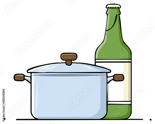 Cooking pot and green bottle illustration of kitchen still life scene