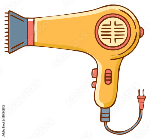 Yellow cartoon hairdryer with blue nozzle and power cord