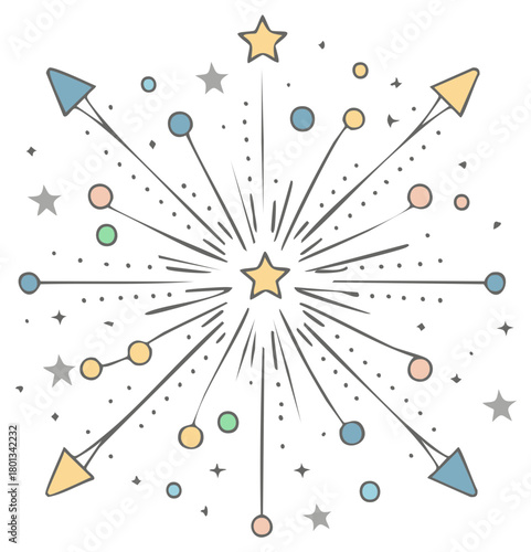 Starburst Design with Stars Arrows and Colorful Orbs in Pastel Hues